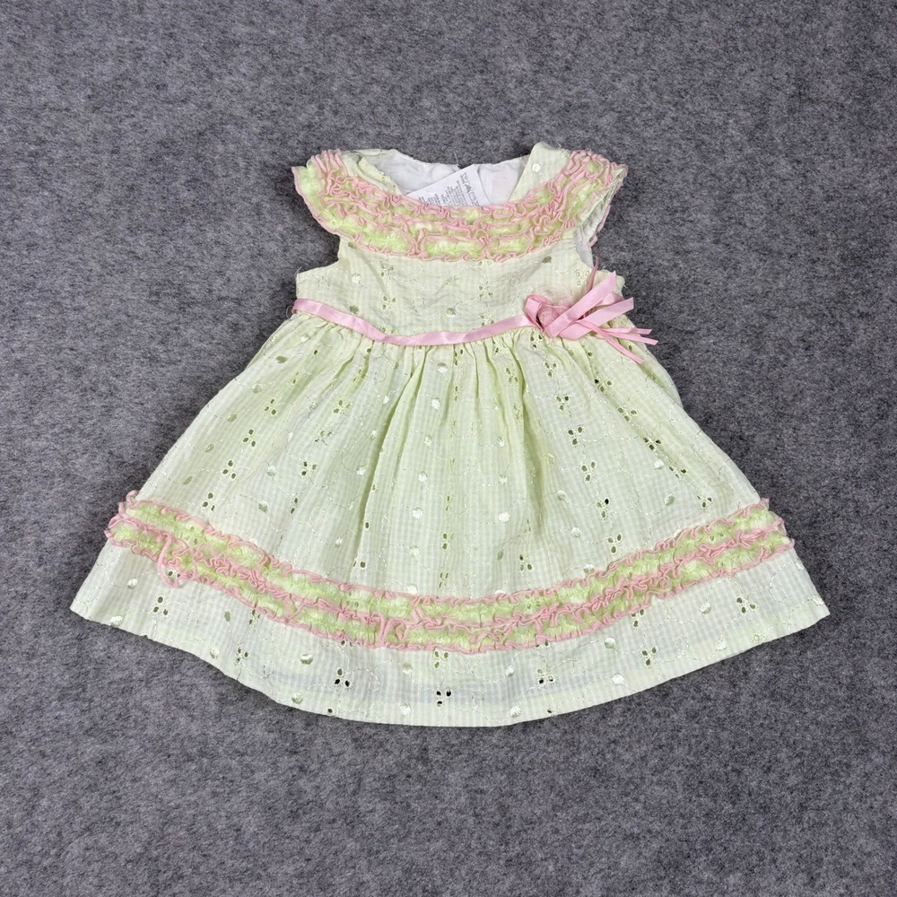 Bonnie Baby Dress Baby Girls 6/9M Green Pink Eyelet Ruffle Gingham Bow